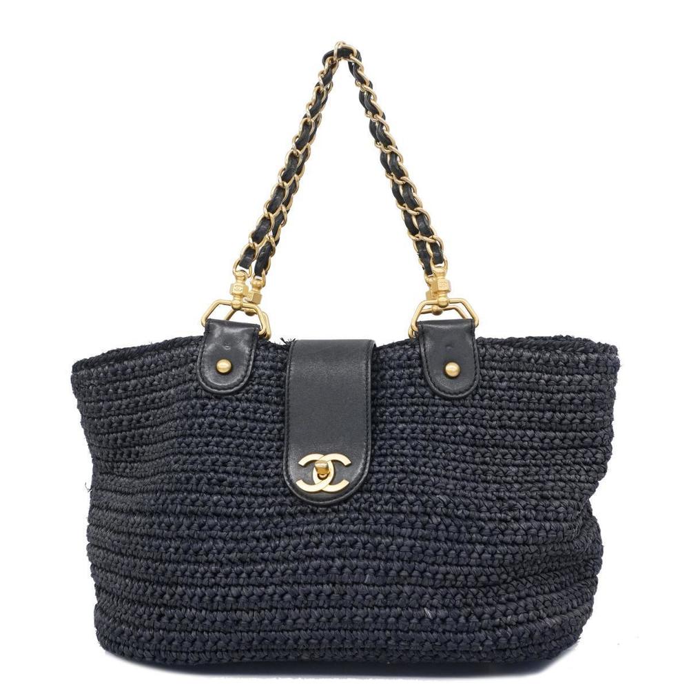 Chanel Chain Lambskin Straw Tote Bag Black